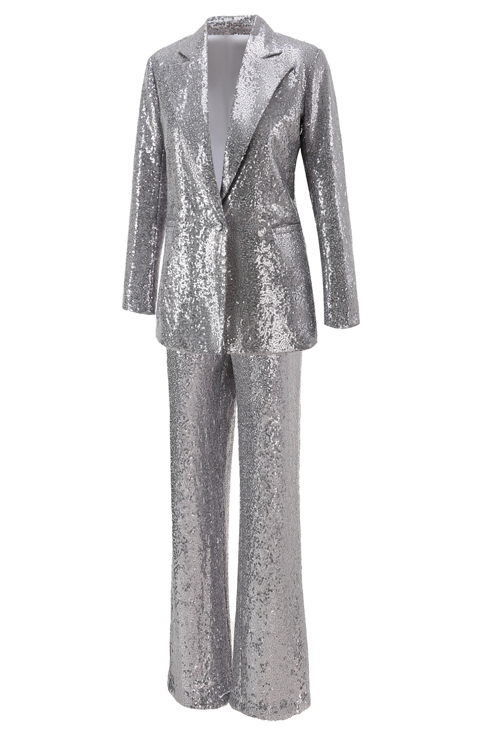 Sparkly Silver 2 Piece Notched Lapel Sequin Women Prom Suits