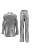 Sparkly Silver 2 Piece Notched Lapel Sequin Women Prom Suits