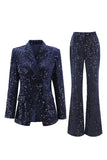 Sparkly Navy 2 Piece Double Breasted Sequin Women Prom Suits