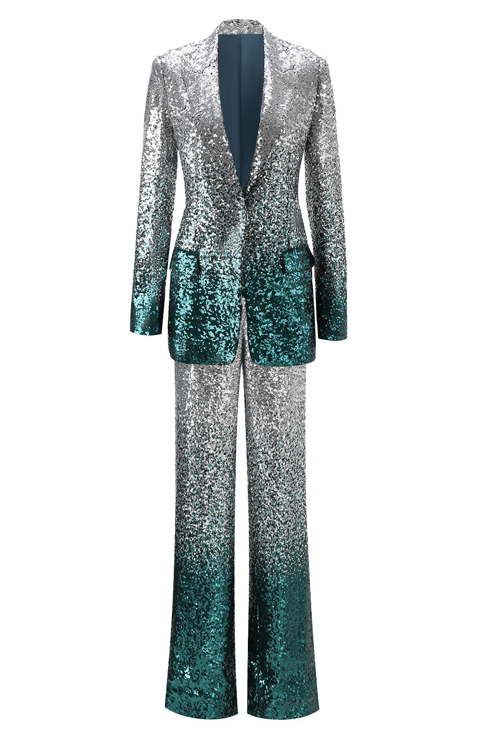 Sparkly Silver and Peacock Sequin 2 Piece Women Prom Suits