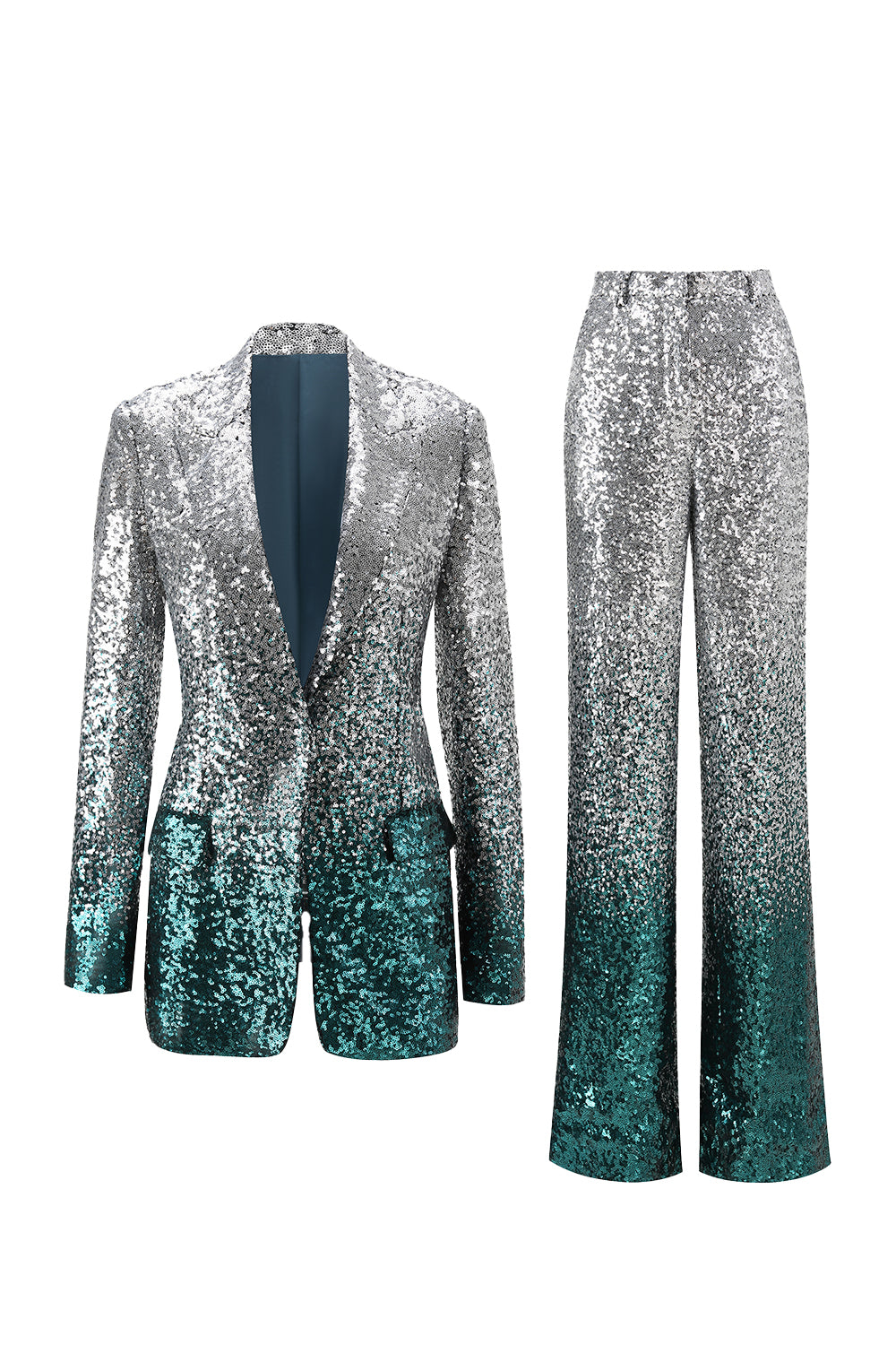 Sparkly Silver and Peacock Sequin 2 Piece Women Prom Suits