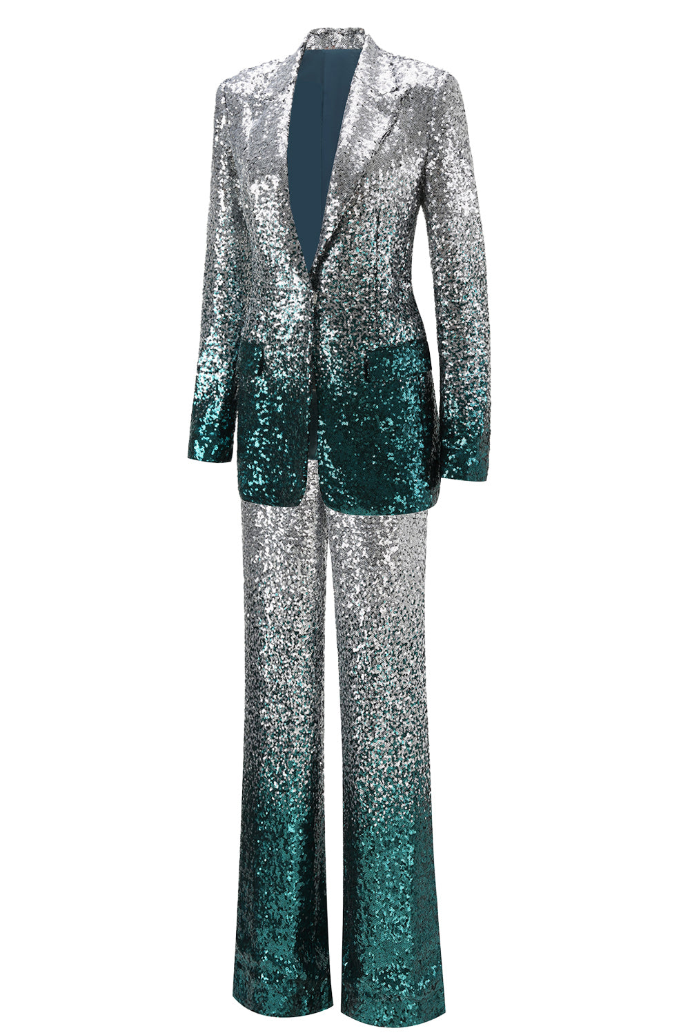 Sparkly Silver and Peacock Sequin 2 Piece Women Prom Suits