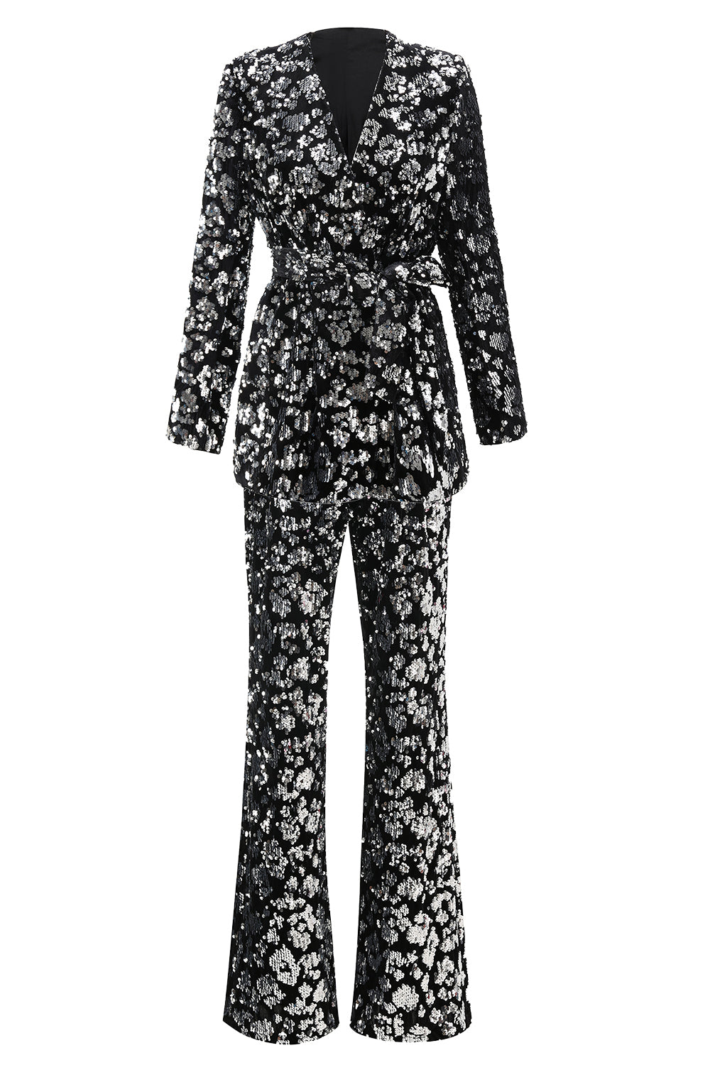 Sparkly Sequin Black 2 Piece Women Prom Suits with Sash