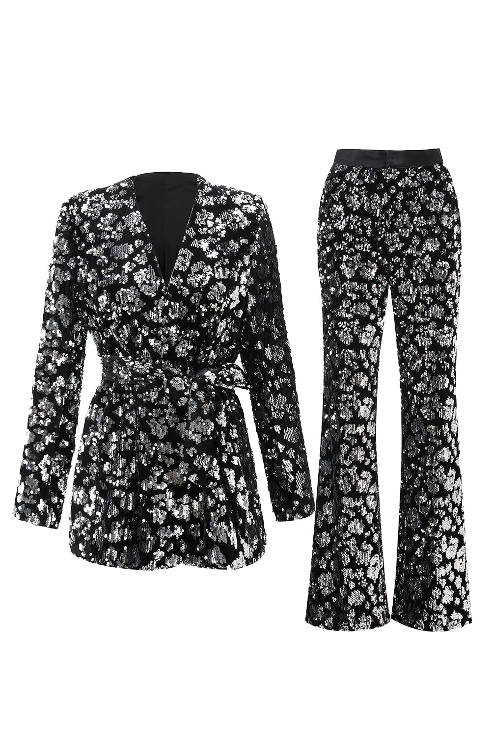 Sparkly Sequin Black 2 Piece Women Prom Suits with Sash