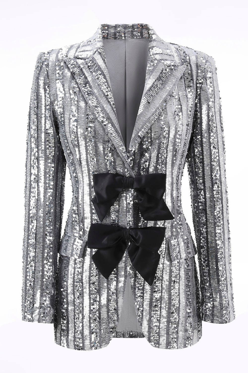 Sparkly Sequin Silver Grey Peak Lapel Women Prom Blazer with Bow