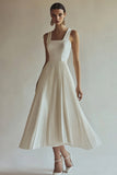 A Line Ivory Square Neck Maxi Pleated Engagement Dress