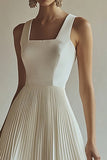 A Line Ivory Square Neck Maxi Pleated Engagement Dress