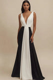Black and White Deep V-Neck Ruched Long Formal Dress