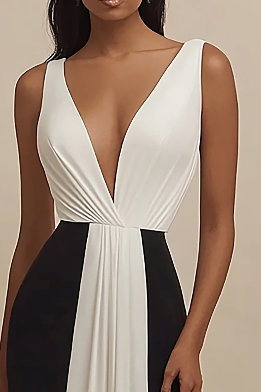 Black and White Deep V-Neck Ruched Long Formal Dress
