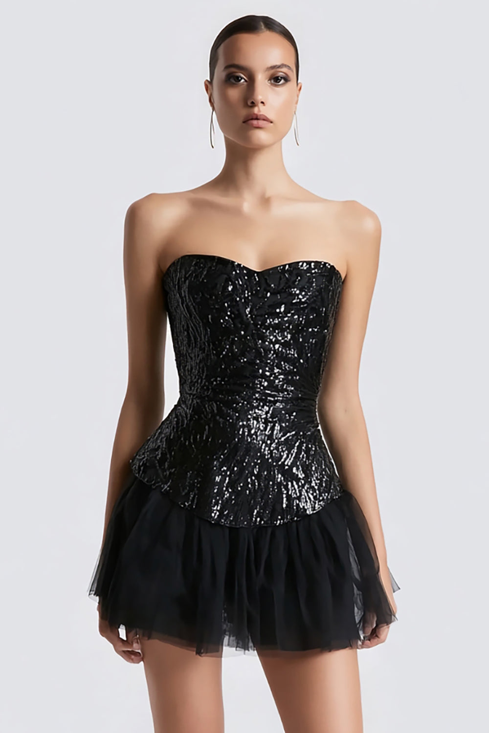 Sparkly Sweetheart Sequined A Line Little Black Dress with Tulle