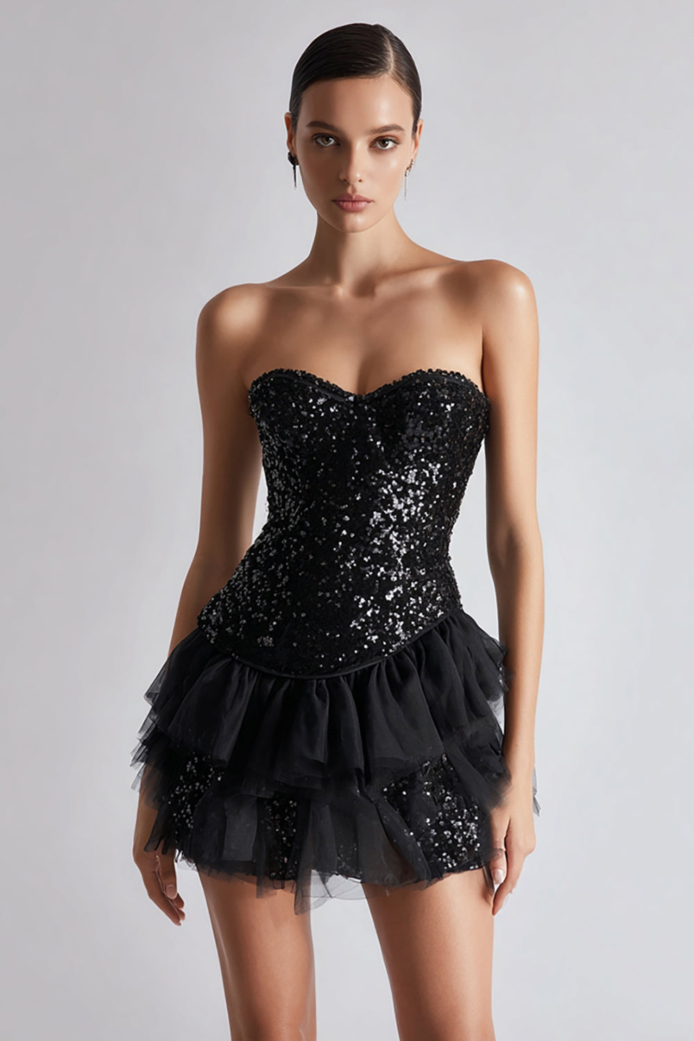 Sparkly Sweetheart A Line Sequined Little Black Dress with Ruffles