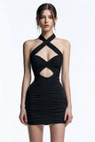 Tight Bodycon Halter Keyhole Ruched Little Black Dress
