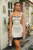 Tight White and Black Polka Dots Short Prom Dress with Lace