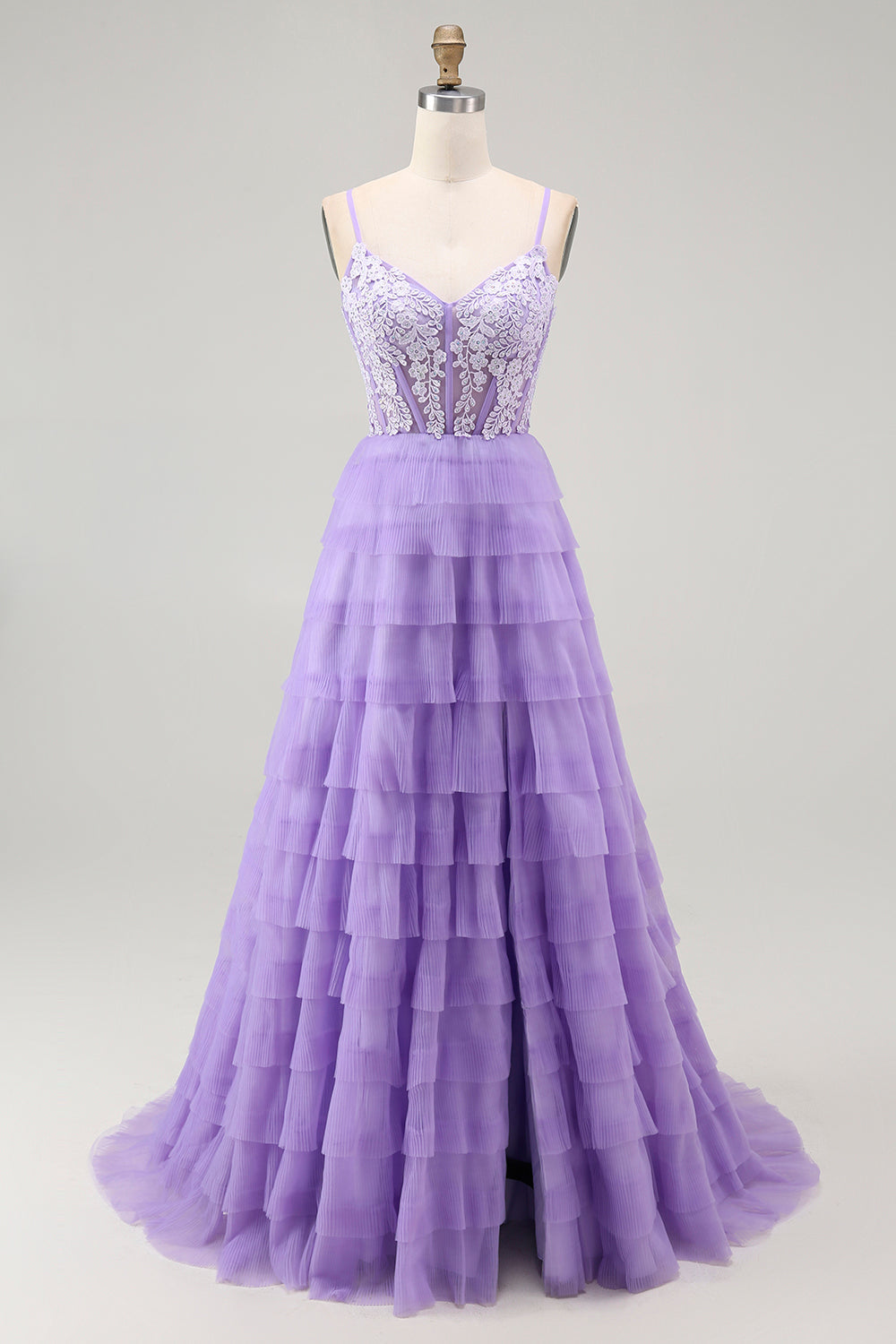Sparkly Purple Corset Appliqued Long Tiered Prom Dress with Slit