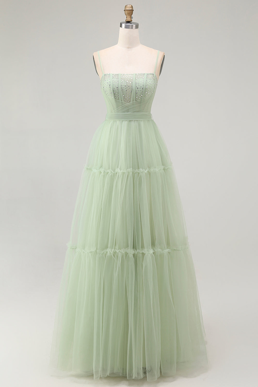Sparkly Green Corset Tulle A Line Long Prom Dress with Bow