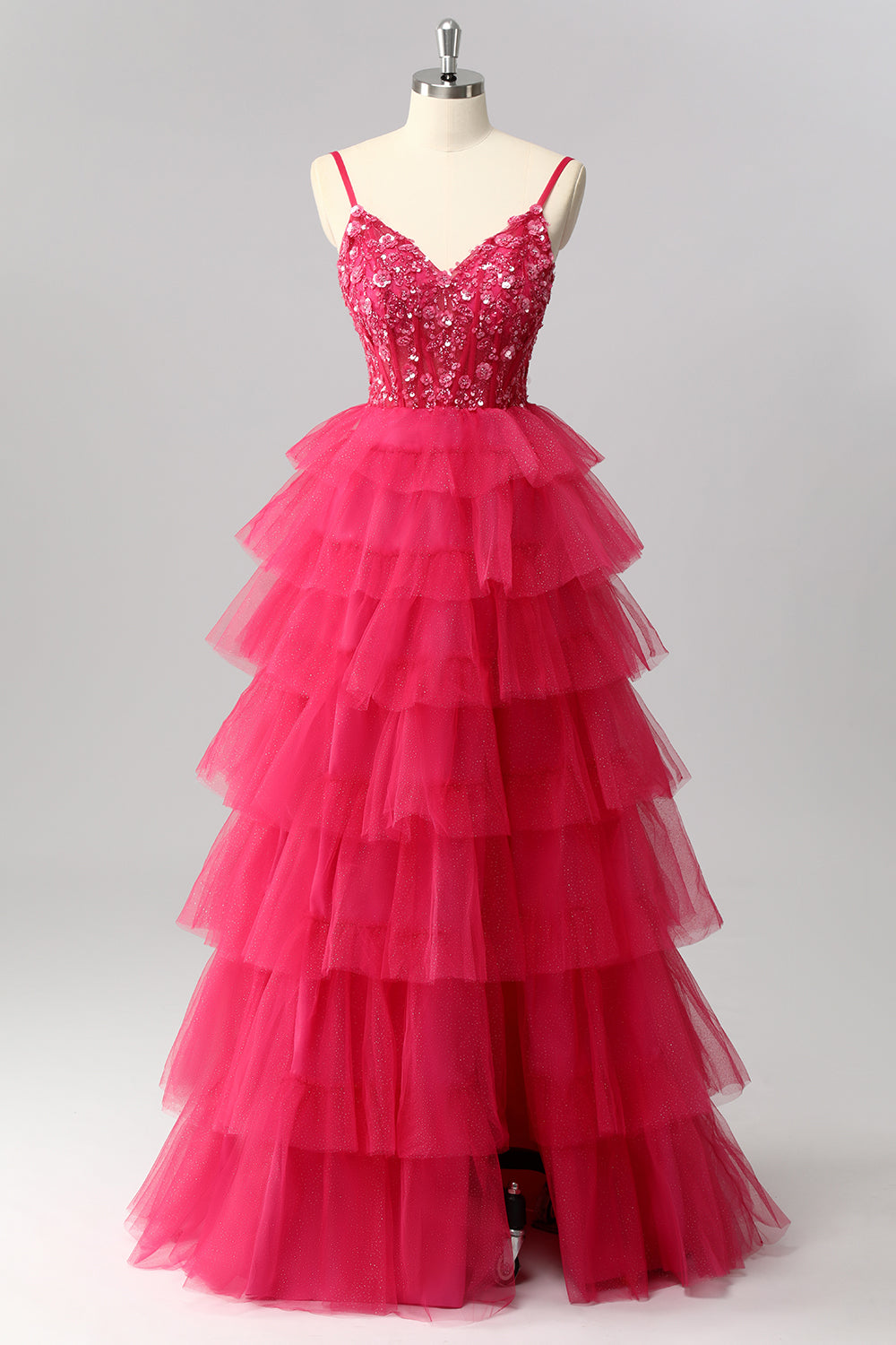 Sparkly Fuchsia Spaghetti Straps Tulle A-Line Maxi Ruffled Corset Prom Dress with Sequins