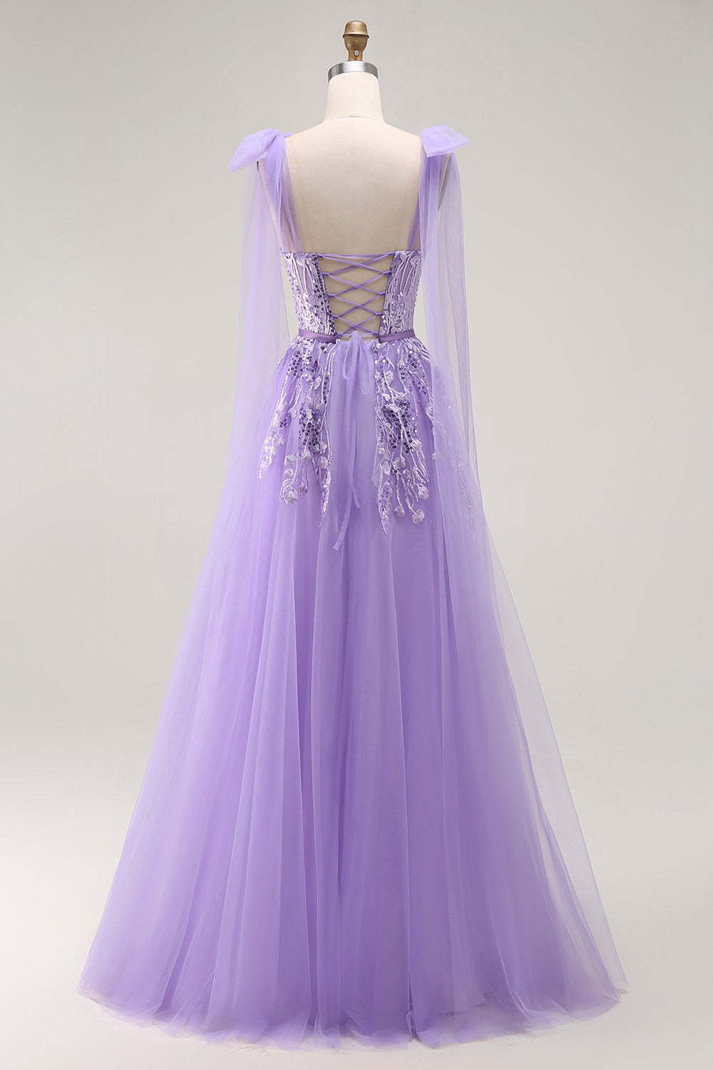 Sparkly Purple A Line Tulle Bow Long Prom Dress with Sequins