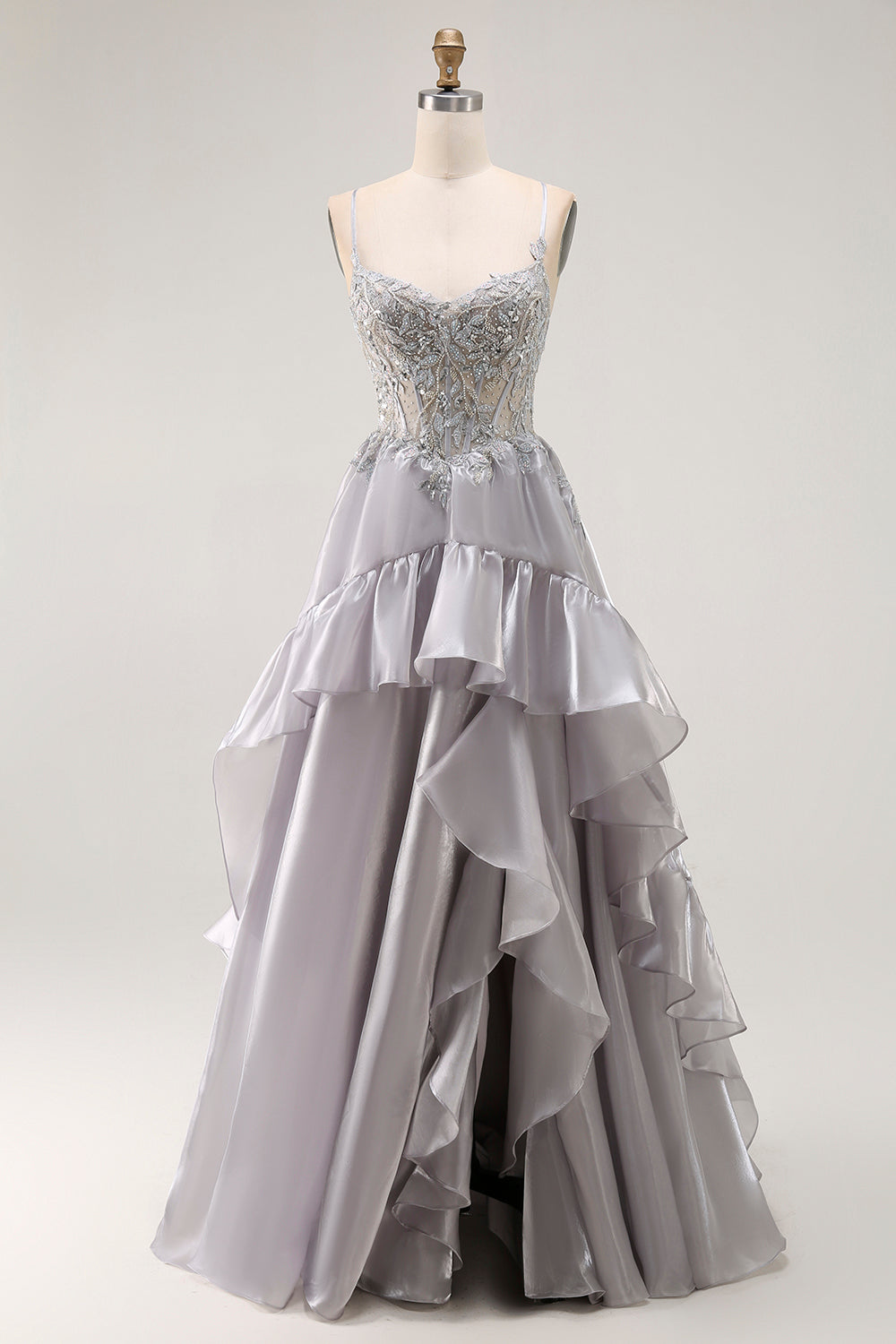 Sparkly Grey Corset Ball Gown Ruffled Long Prom Dress with Beading