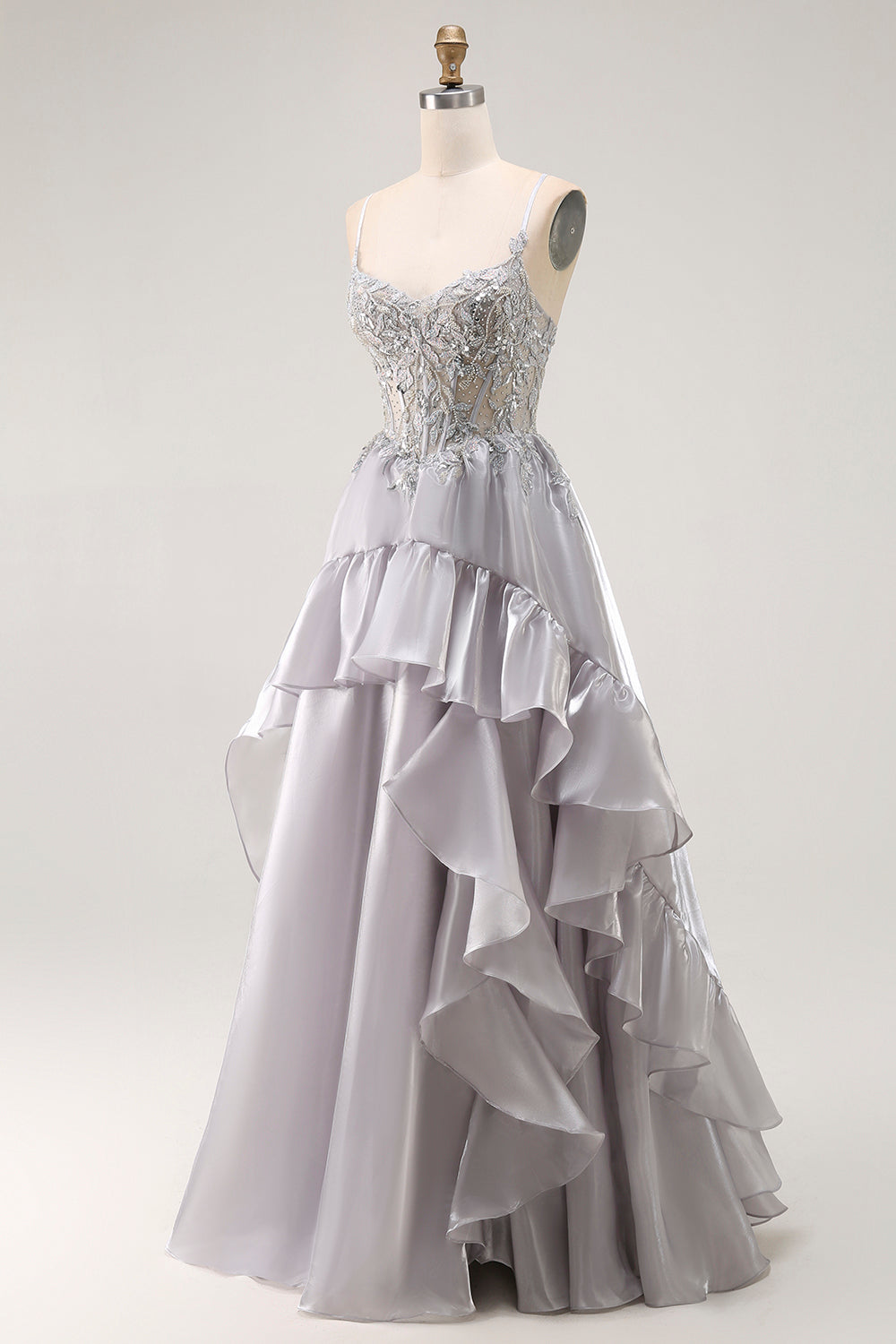 Sparkly Grey Corset Ball Gown Ruffled Long Prom Dress with Beading