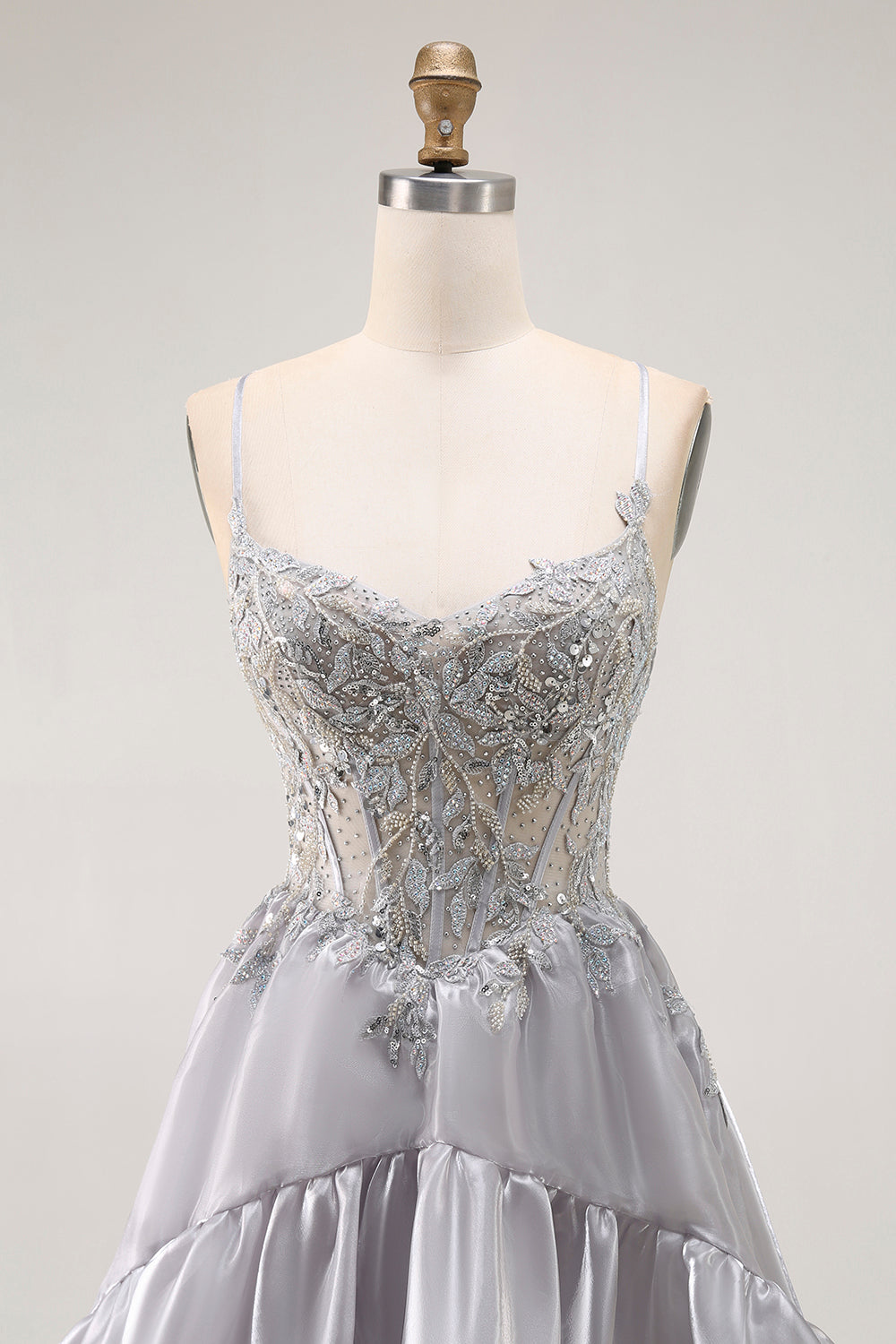 Sparkly Grey Corset Ball Gown Ruffled Long Prom Dress with Beading