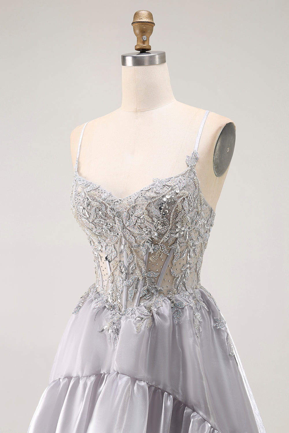 Sparkly Grey Corset Ball Gown Ruffled Long Prom Dress with Beading