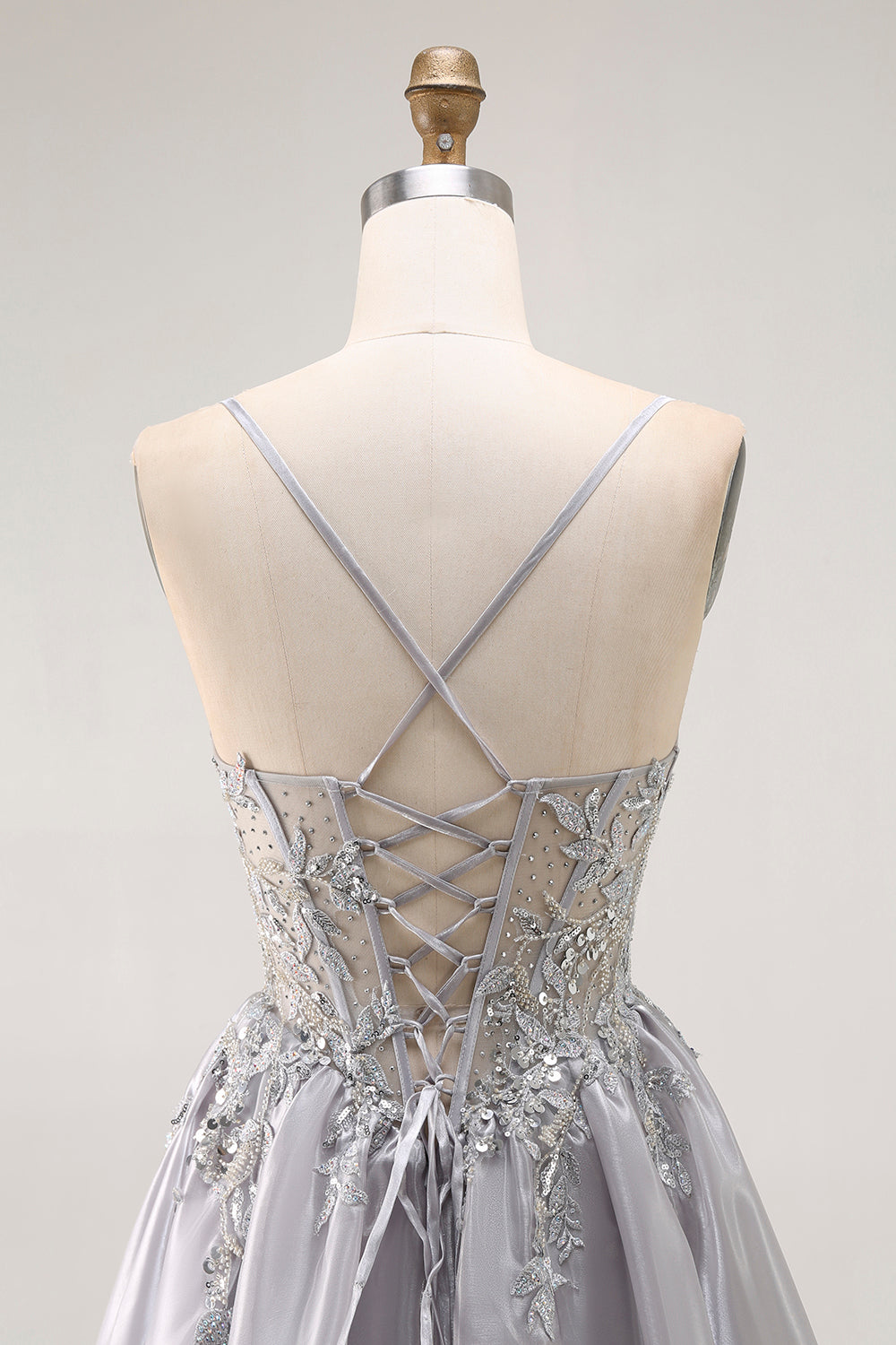 Sparkly Grey Corset Ball Gown Ruffled Long Prom Dress with Beading
