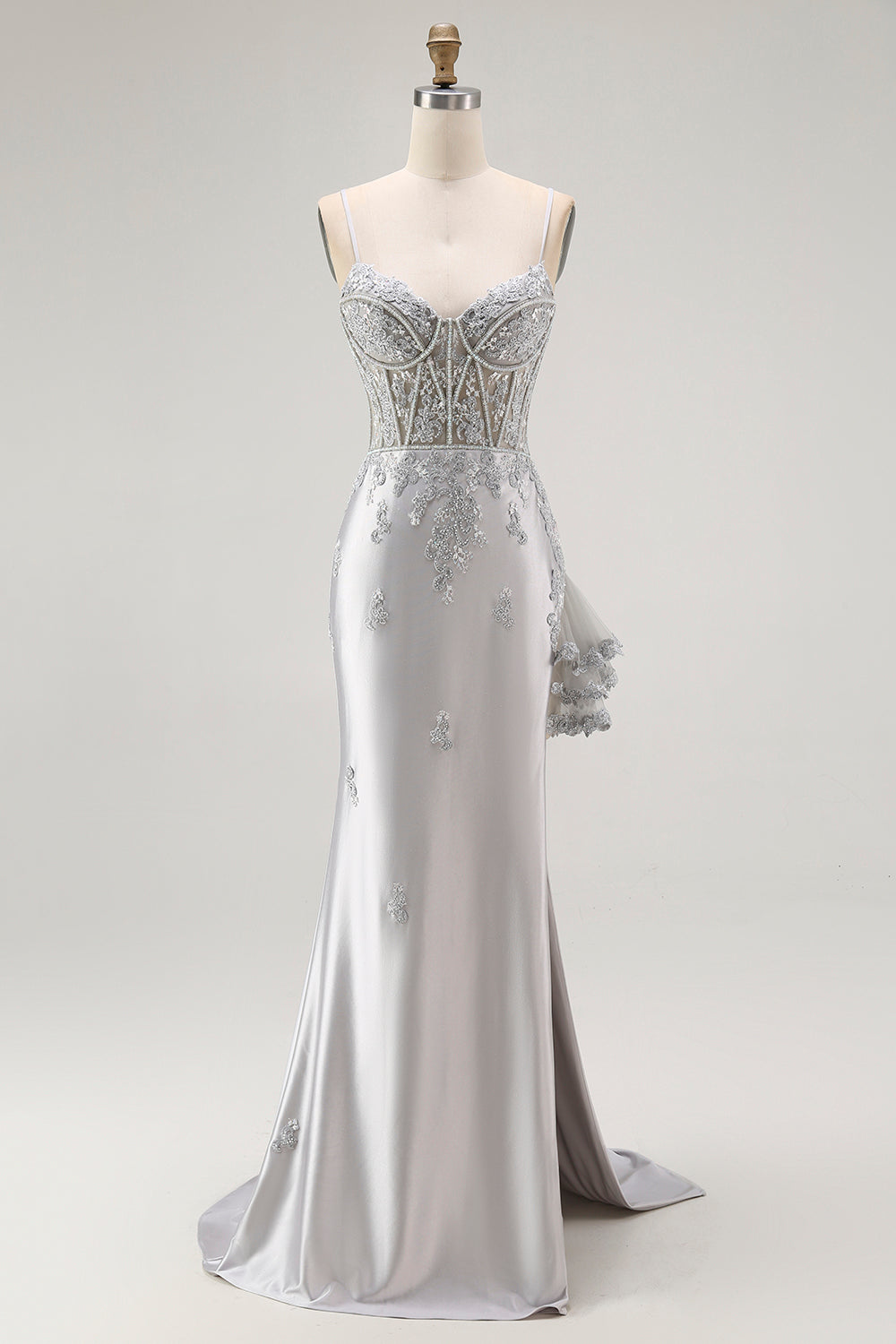 Sparkly Grey Mermaid Corset Maxi Prom Dress with Beading