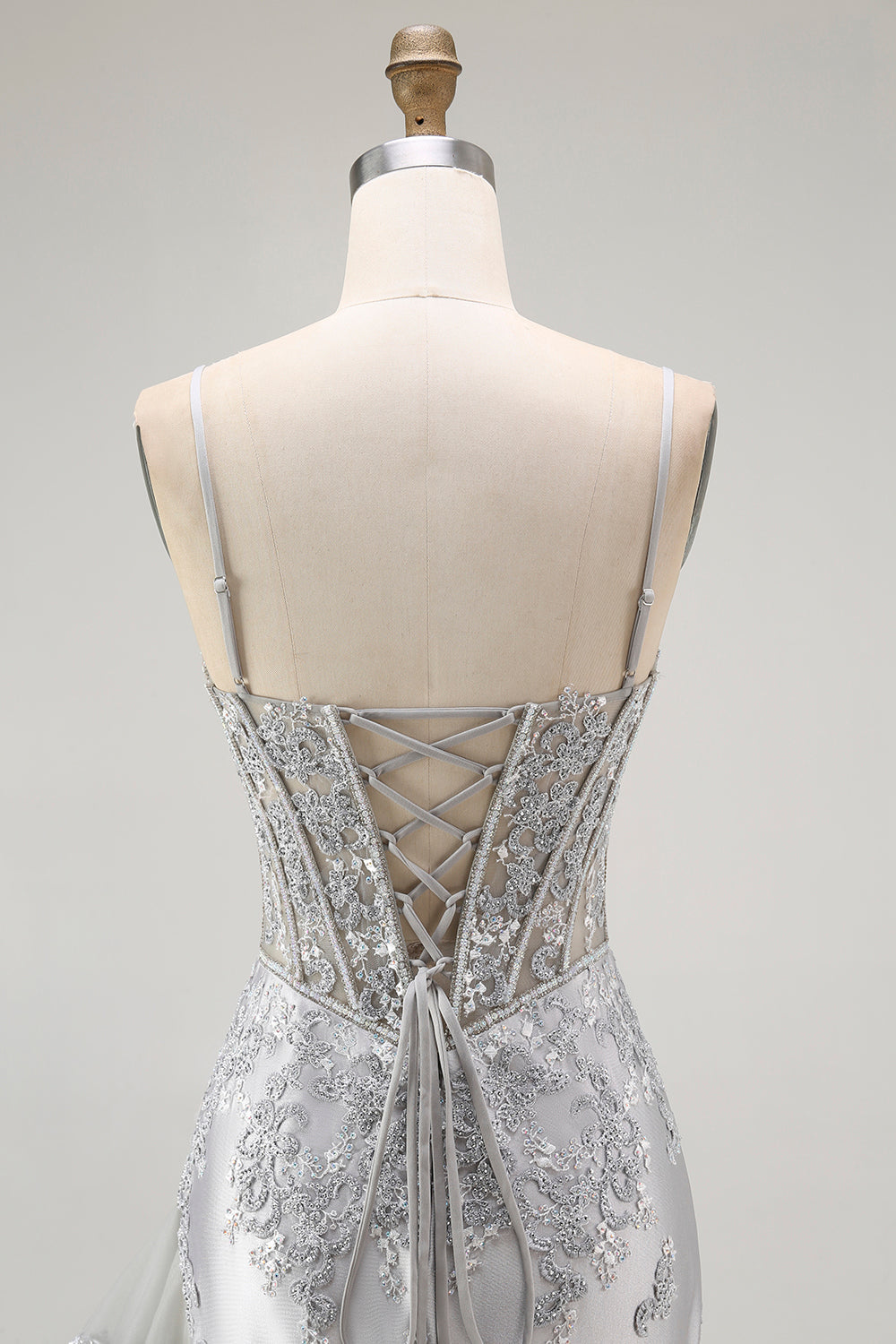 Sparkly Grey Mermaid Corset Maxi Prom Dress with Beading