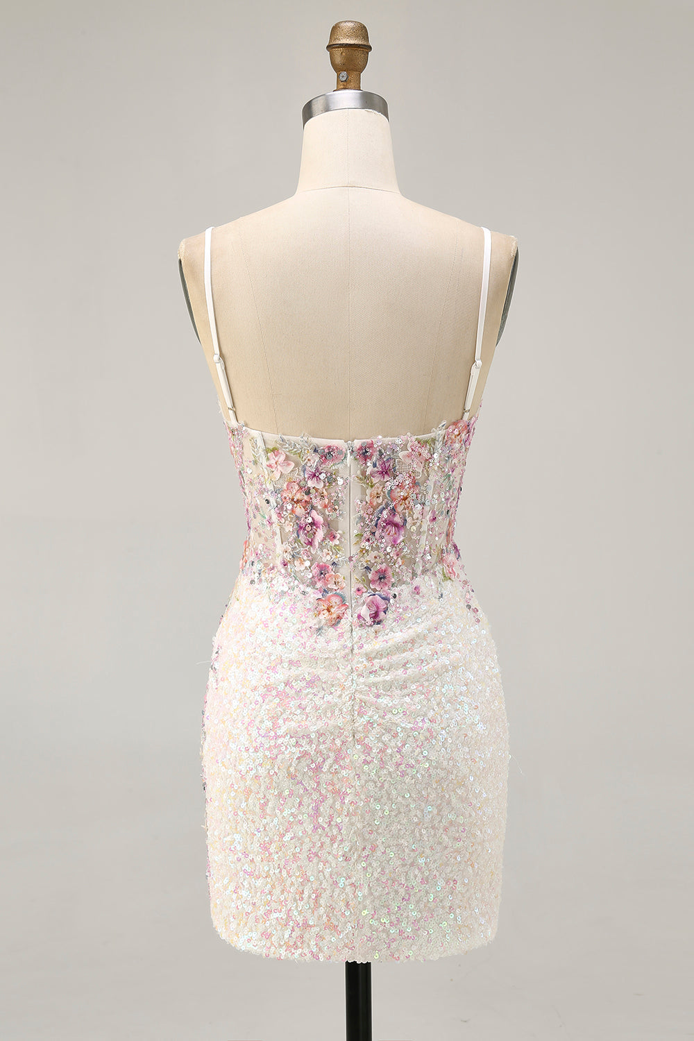Sparkly White Sequins Tight Floral Short Corset Cocktail Dress