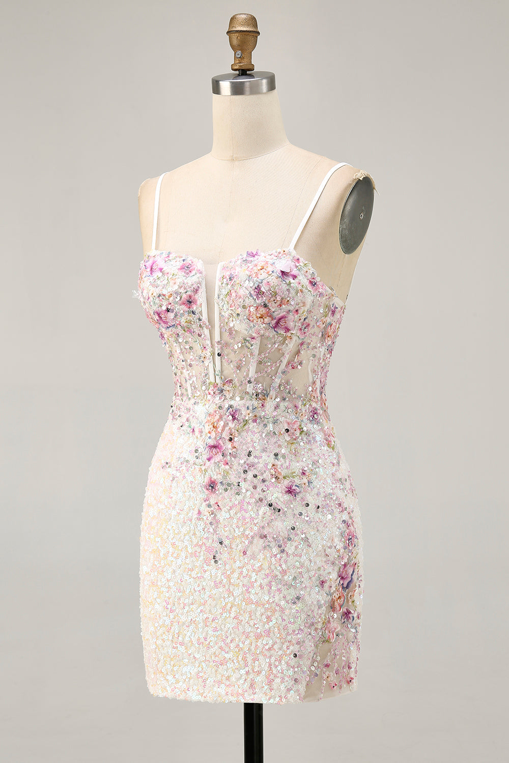 Sparkly White Sequins Tight Floral Short Corset Cocktail Dress