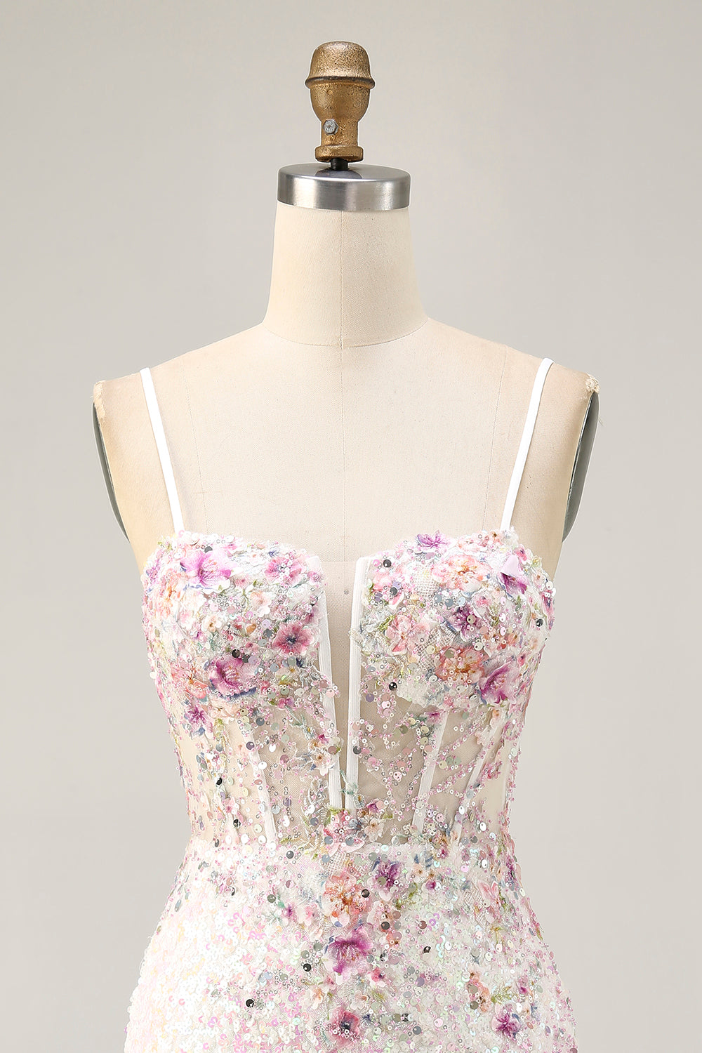 Sparkly White Sequins Tight Floral Short Corset Cocktail Dress