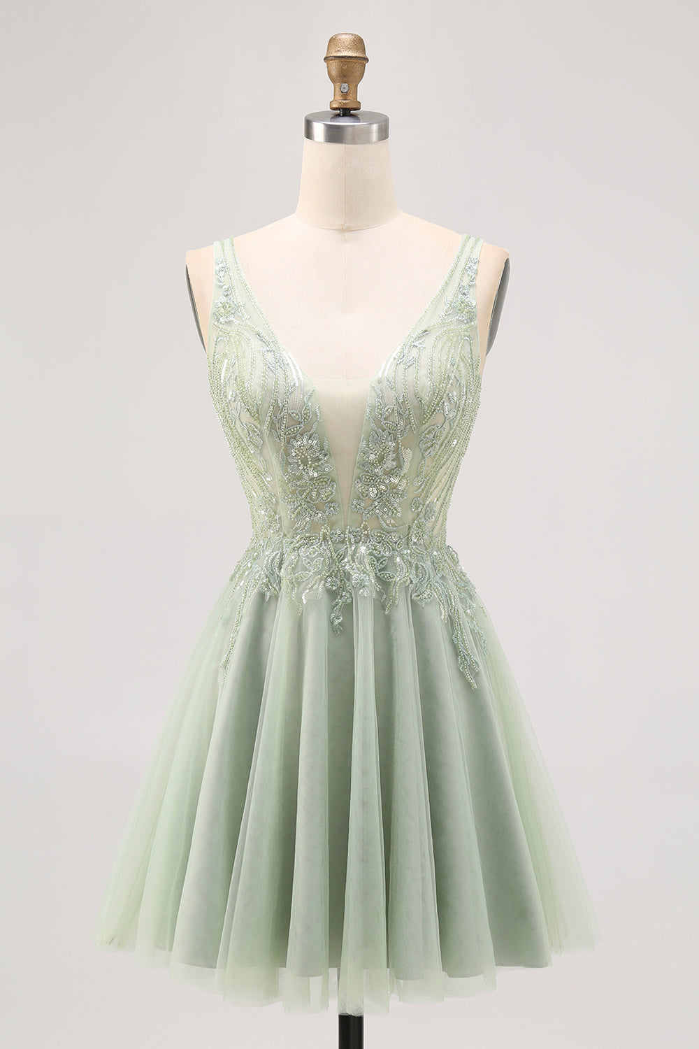 Sparkly Green Tulle V-Neck Beaded Short A Line Prom Dress