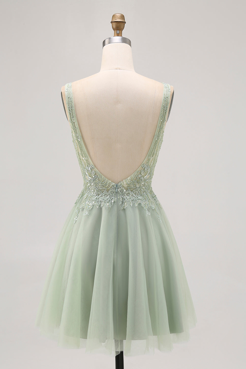 Sparkly Green Tulle V-Neck Beaded Short A Line Prom Dress