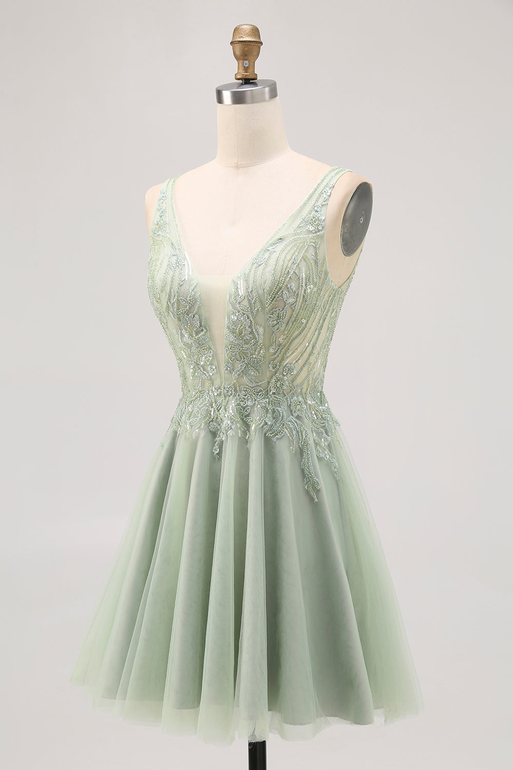 Sparkly Green Tulle V-Neck Beaded Short A Line Prom Dress