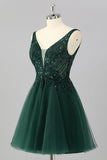 Sparkly Short Dark Green A Line Cocktail Dress with Beading