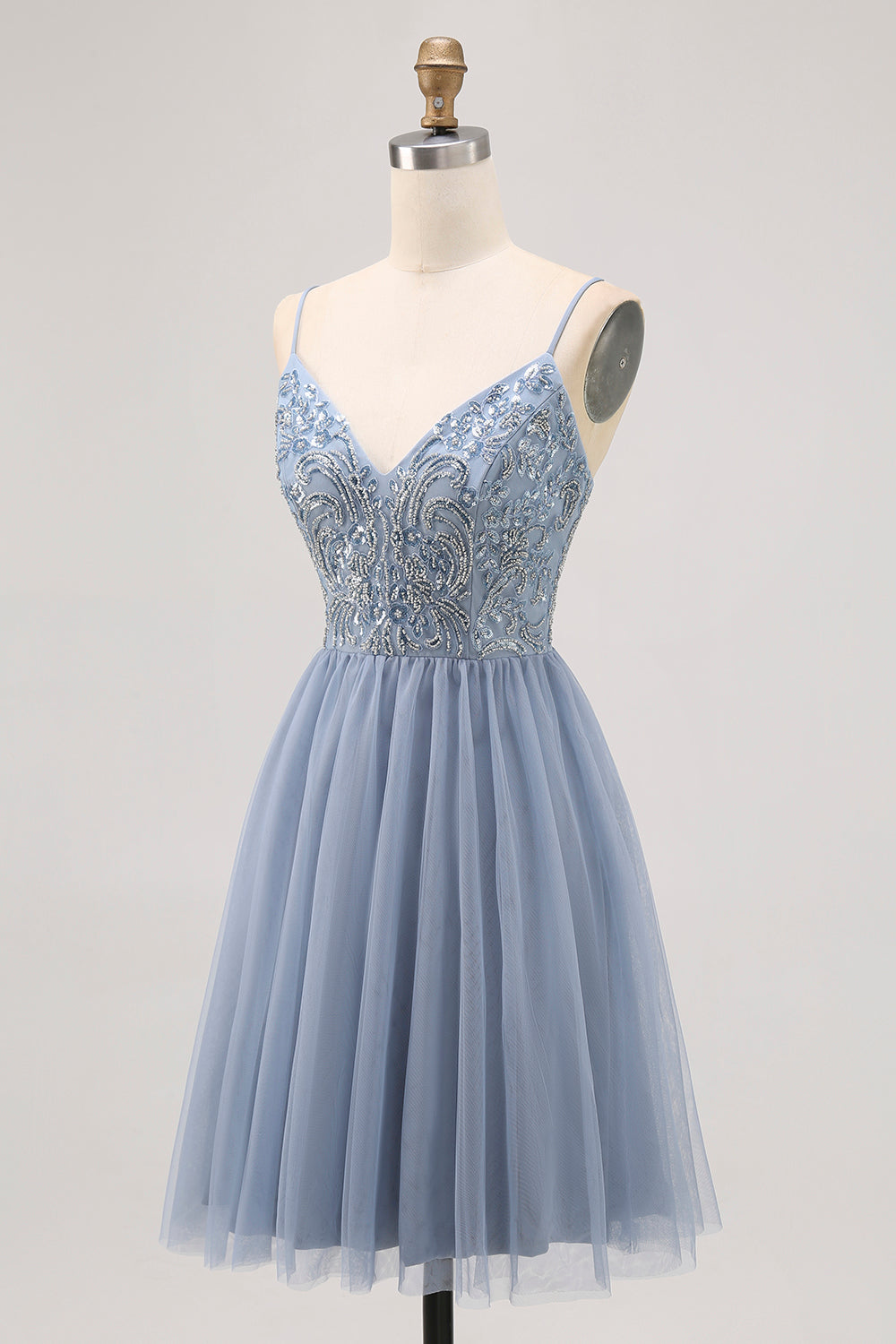 Sparkly Grey Blue Tulle A Line Pleated Short Prom Dress with Beading