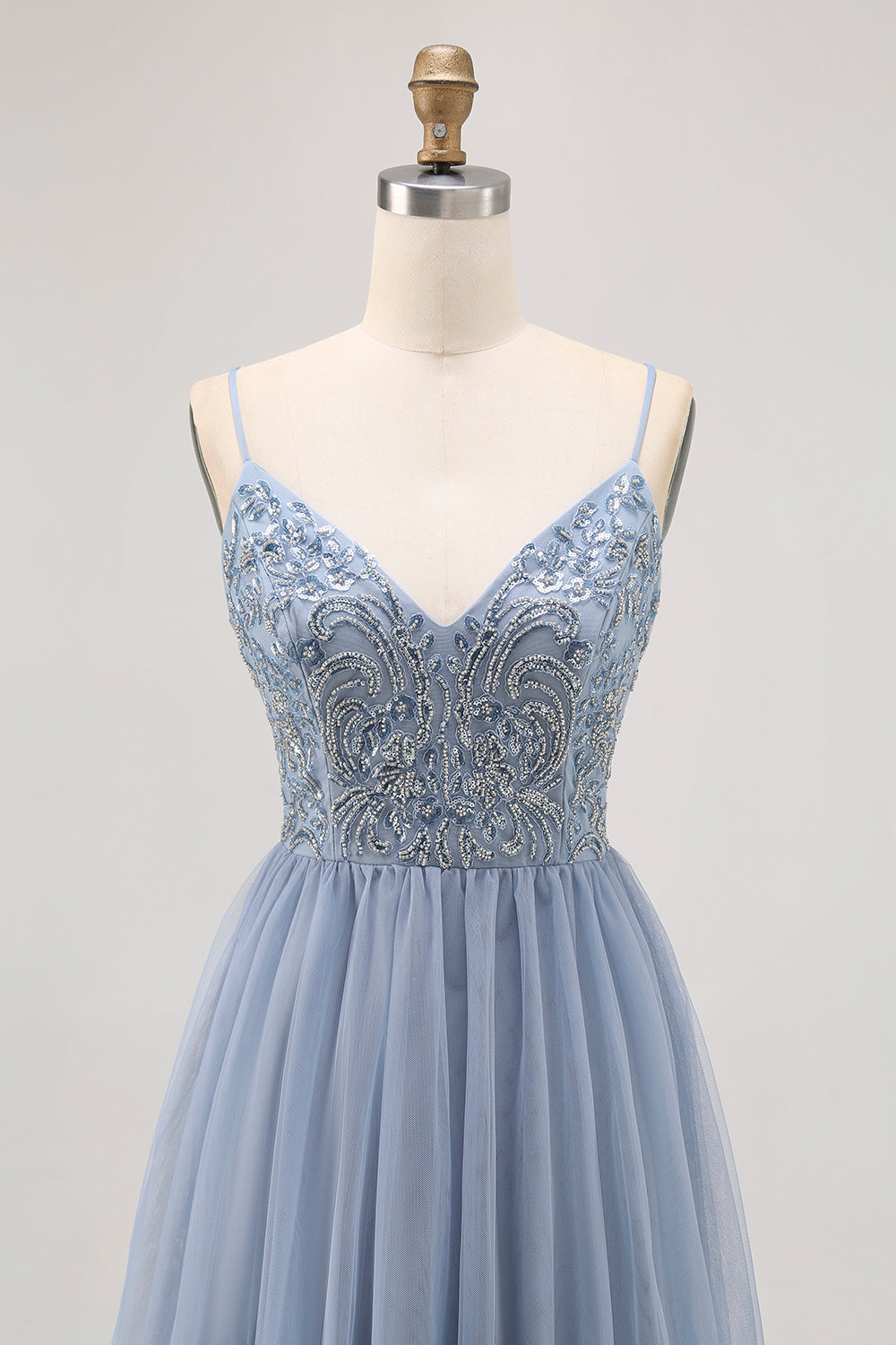 Sparkly Grey Blue Tulle A Line Pleated Short Prom Dress with Beading