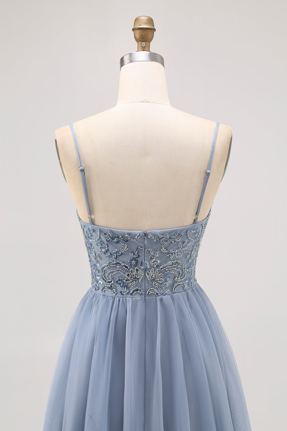 Sparkly Grey Blue Tulle A Line Pleated Short Prom Dress with Beading