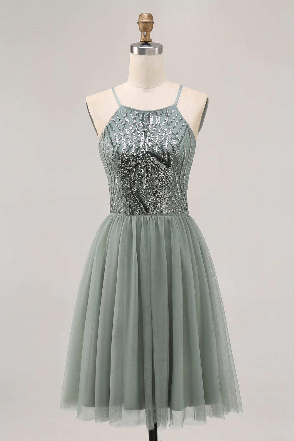 Sparkly Grey Green Tulle Halter Short Prom Dress with Sequins