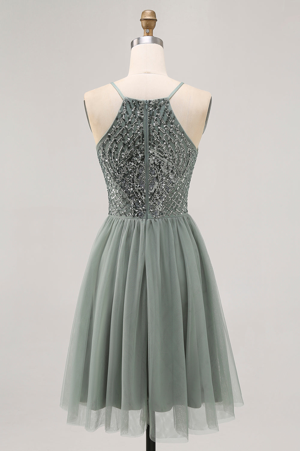Sparkly Grey Green Tulle Halter Short Prom Dress with Sequins