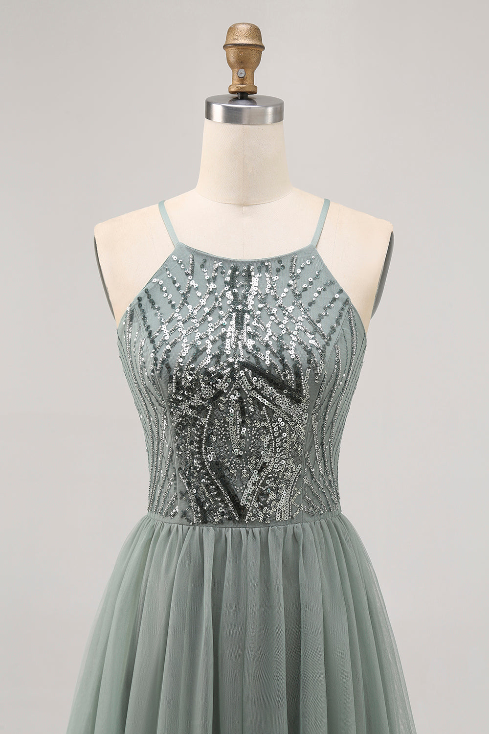 Sparkly Grey Green Tulle Halter Short Prom Dress with Sequins