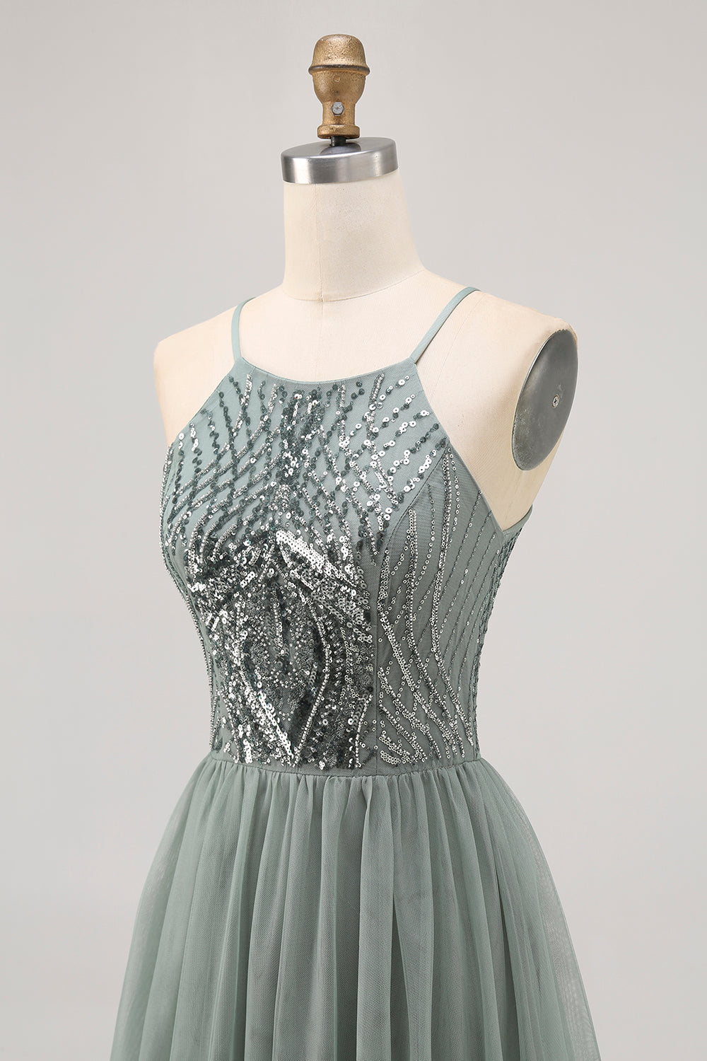 Sparkly Grey Green Tulle Halter Short Prom Dress with Sequins