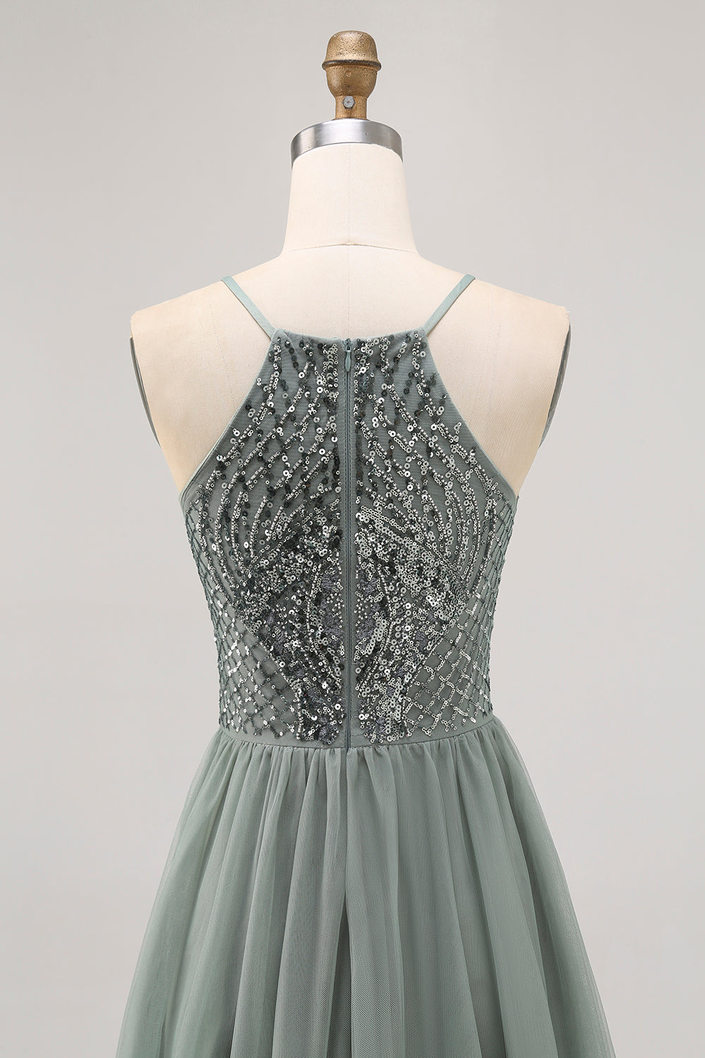 Sparkly Grey Green Tulle Halter Short Prom Dress with Sequins