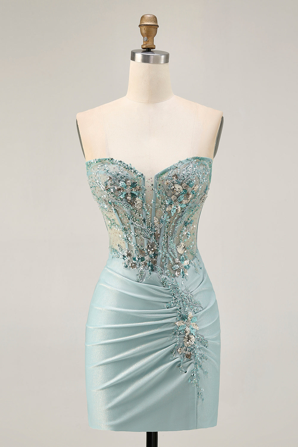 Sparkly Grey Green Tight Corset Short Cocktail Dress with Beading