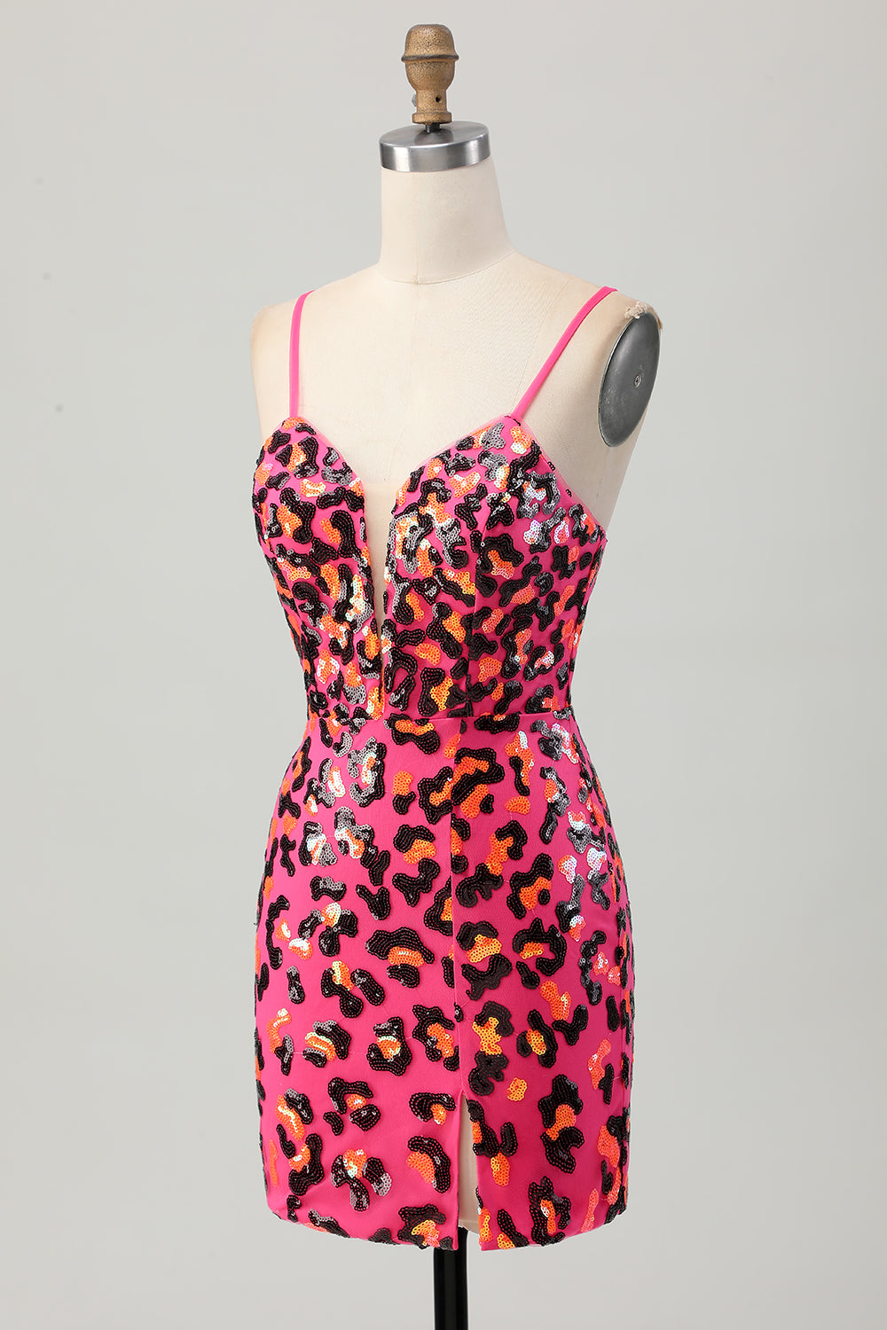 Sparkly Fuchsia Leopard Sequined Tight Short Prom Dress