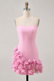 Pink Strapless Tight Satin Short Cocktail Dress with 3D Flowers