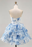 Sparkly White Blue Flower Corset A Line Short Cocktail Dress with Ruffles