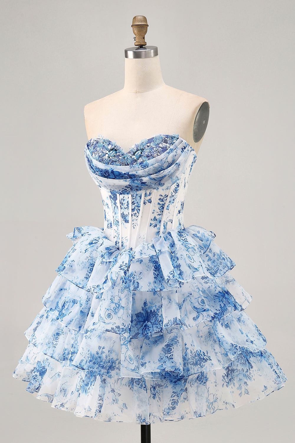 Sparkly White Blue Flower Corset A Line Short Cocktail Dress with Ruffles