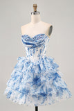 Sparkly White Blue Flower Corset A Line Short Cocktail Dress with Ruffles