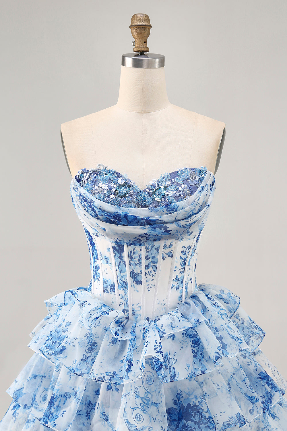 Sparkly White Blue Flower Corset A Line Short Cocktail Dress with Ruffles